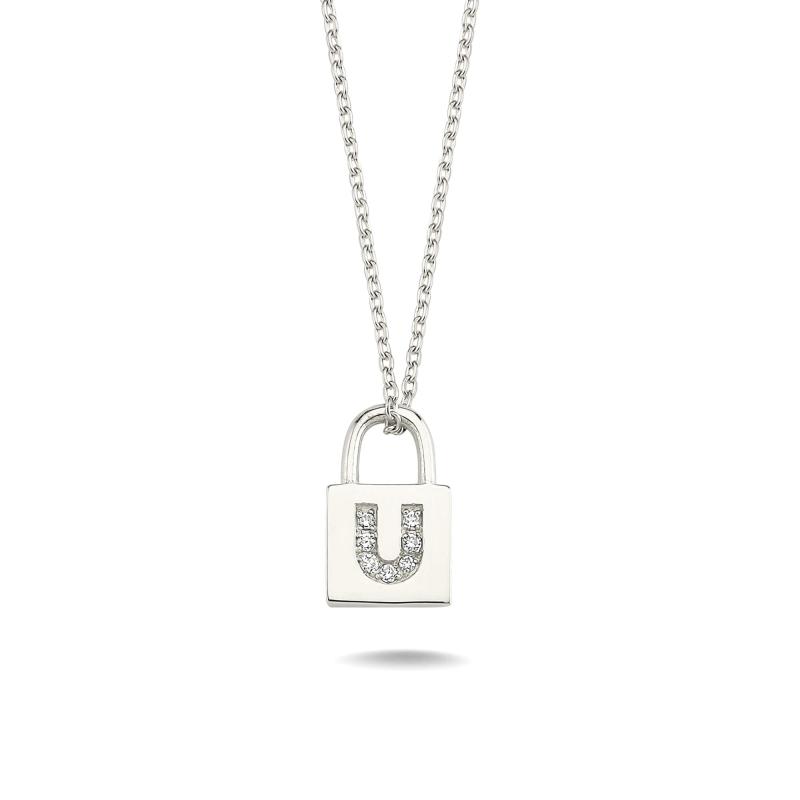 Diamond Lock Letter "U" Pendant Necklace