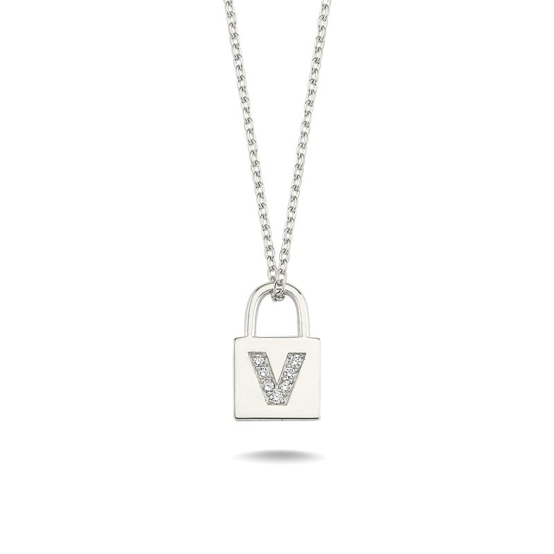 Diamond Lock Letter "V" Pendant Necklace
