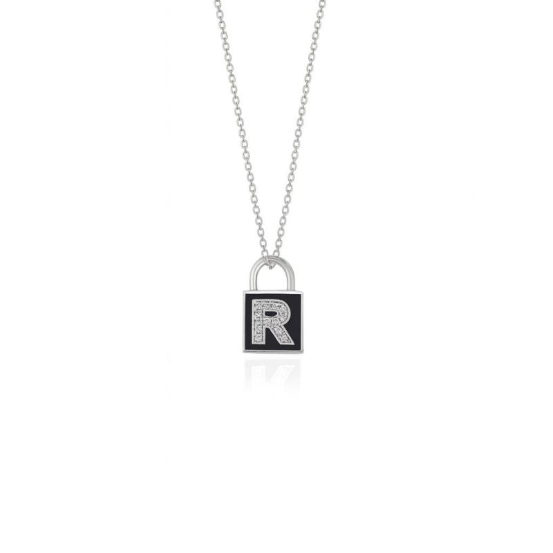 Diamond Lock Letter "R" Enamel Necklace